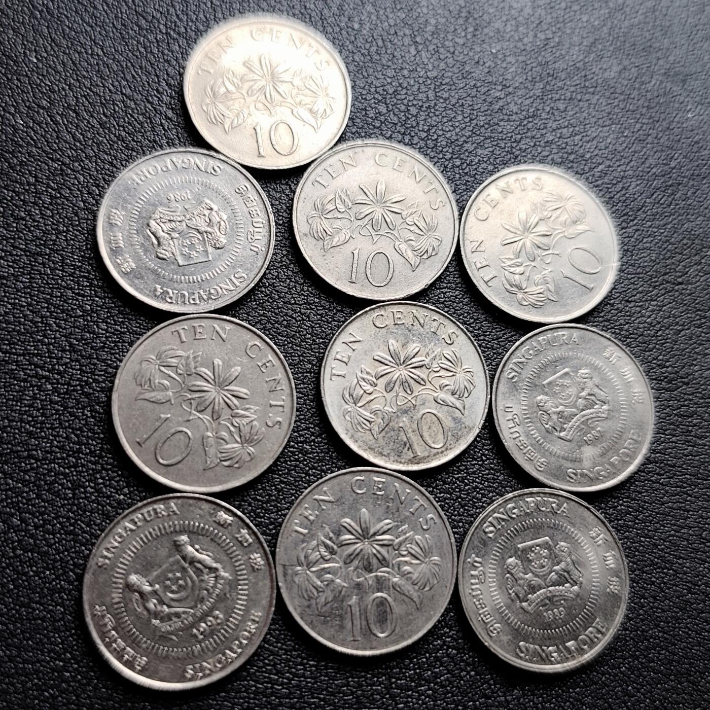 泉币菌-第227场-拍品多 请提前出价 高币值一组10枚 新加坡10分 络石花铜 镍币