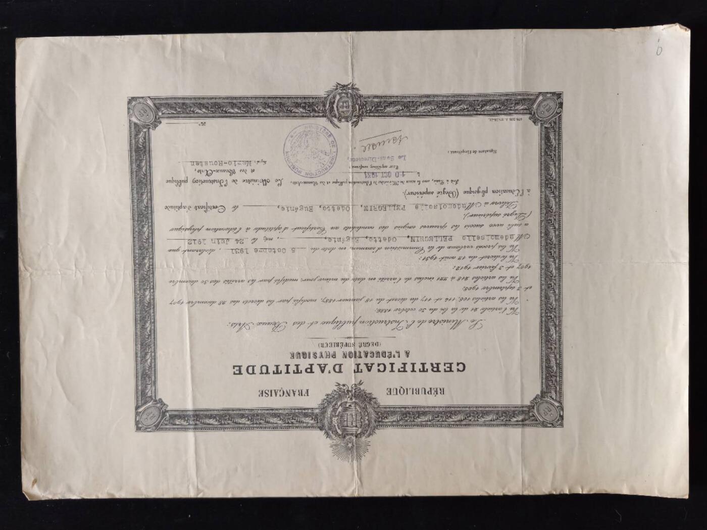 凯旋世界勋赏（第23期）（欢迎送拍）（对拍品有疑问请询问客服，不接受到手刀，出价默认拍品品相。请认真阅读拍卖规则！出价默认已认可！）（收到货请录制开箱视频，无视频概不处理问题。） 法兰西共和国  高等体育教育能力资格证书