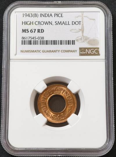 甄臻铺-世界币章拍卖（第60期），甄品场拍品征集中，送拍享返佣金等优惠多多 NGC-MS67RD 1943年印度沙派，铜光圆润