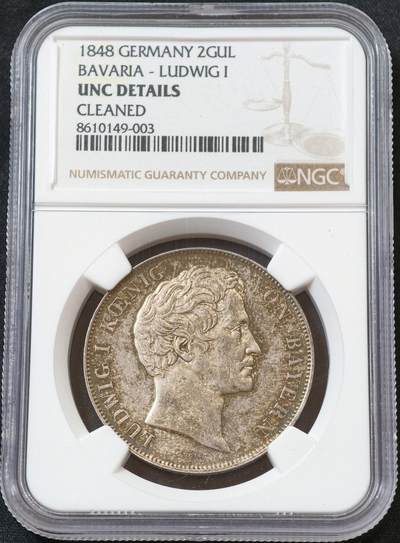 甄臻铺-世界币章拍卖（第60期），甄品场拍品征集中，送拍享返佣金等优惠多多 NGC-UNCD 1848年德国巴伐利亚路德维希一世流通2盾 1848年欧洲大革命中路一被迫退位 这最后末年流通泰勒见证着风流艺术国王最后的容光