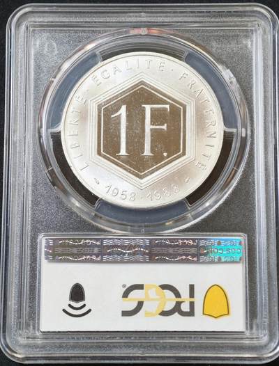 甄臻铺-世界币章拍卖（第60期），甄品场拍品征集中，送拍享返佣金等优惠多多 PCGS-PR66DCAM 法国1988年第五共和国30周年 戴高乐将军1法郎纪念大银币 22.2克900银 少见品种