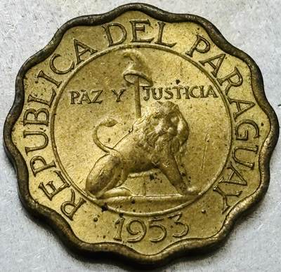 文馨钱币收藏第 300 场，银币，散币，小量德占比利时时期货币，长期接代拍业务 - 少见原铜光 1953 年巴拉圭自由帽狮子王 10 分铜币，独年份