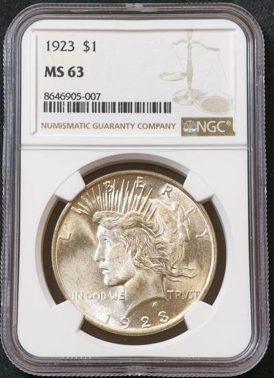 甄臻铺-世界币章拍卖（第60期），甄品场拍品征集中，送拍享返佣金等优惠多多 NGC-MS63 1923年美国和平，银光闪闪白白净净