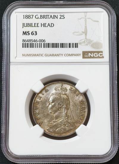 甄臻铺-世界币章拍卖（第60期），甄品场拍品征集中，送拍享返佣金等优惠多多 NGC-MS63 1887年高冠弗洛林2先令，酱彩很好看，背面幽蓝色，极美