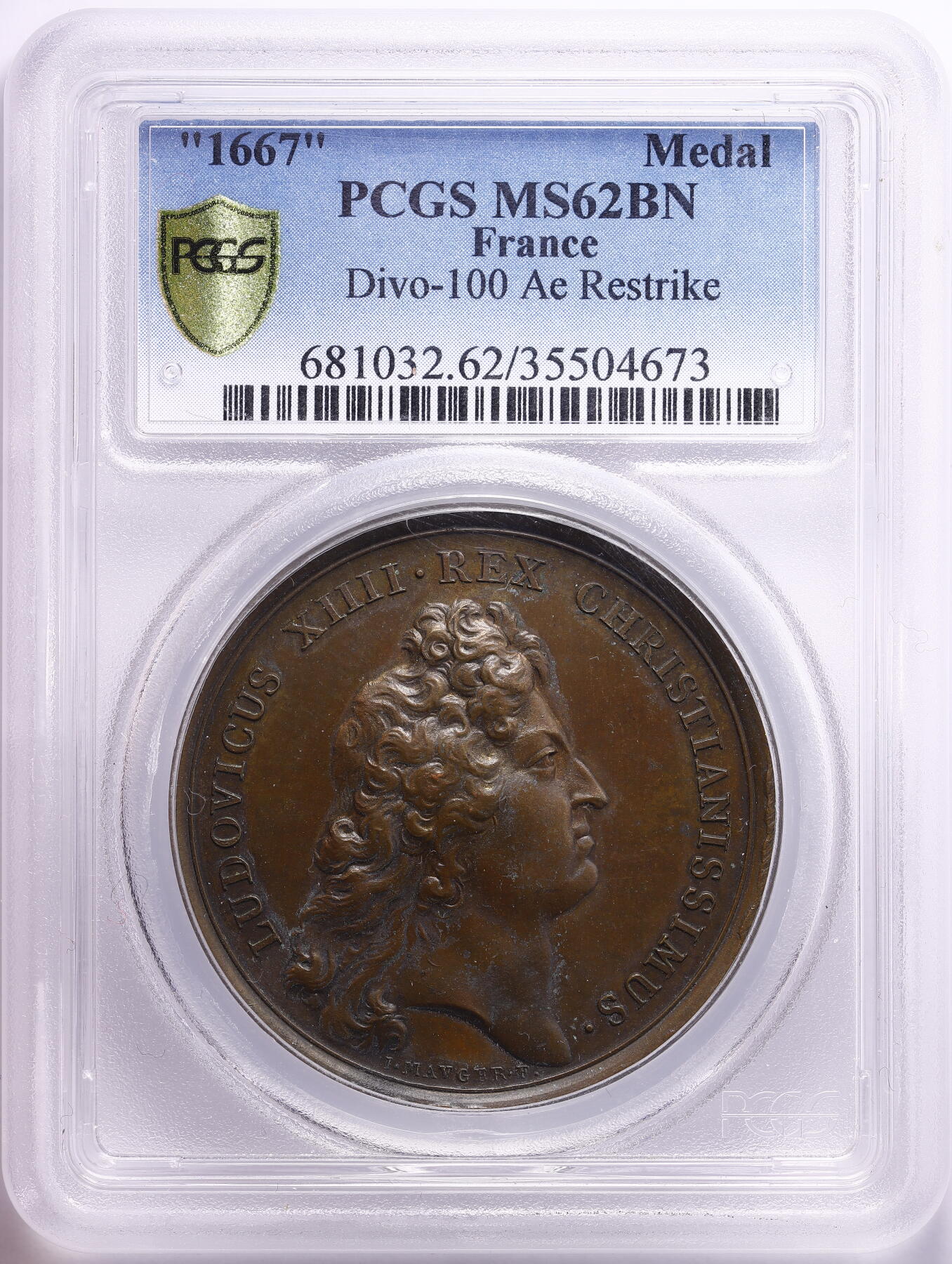 观钱 近现代机制币拍卖No.009（全场顺丰包邮，不区分偏远地区）  标年 1667 年 法国路易十四铜质纪念章（后铸版 / Divo-100） PCGS MS62BN