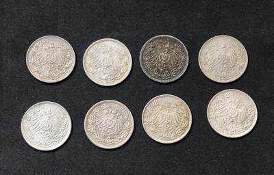 甄臻铺-世界币章拍卖（第60期），甄品场拍品征集中，送拍享返佣金等优惠多多 德国 1/2马克银币8枚 UNC-BU状态 精品辅币不容错过