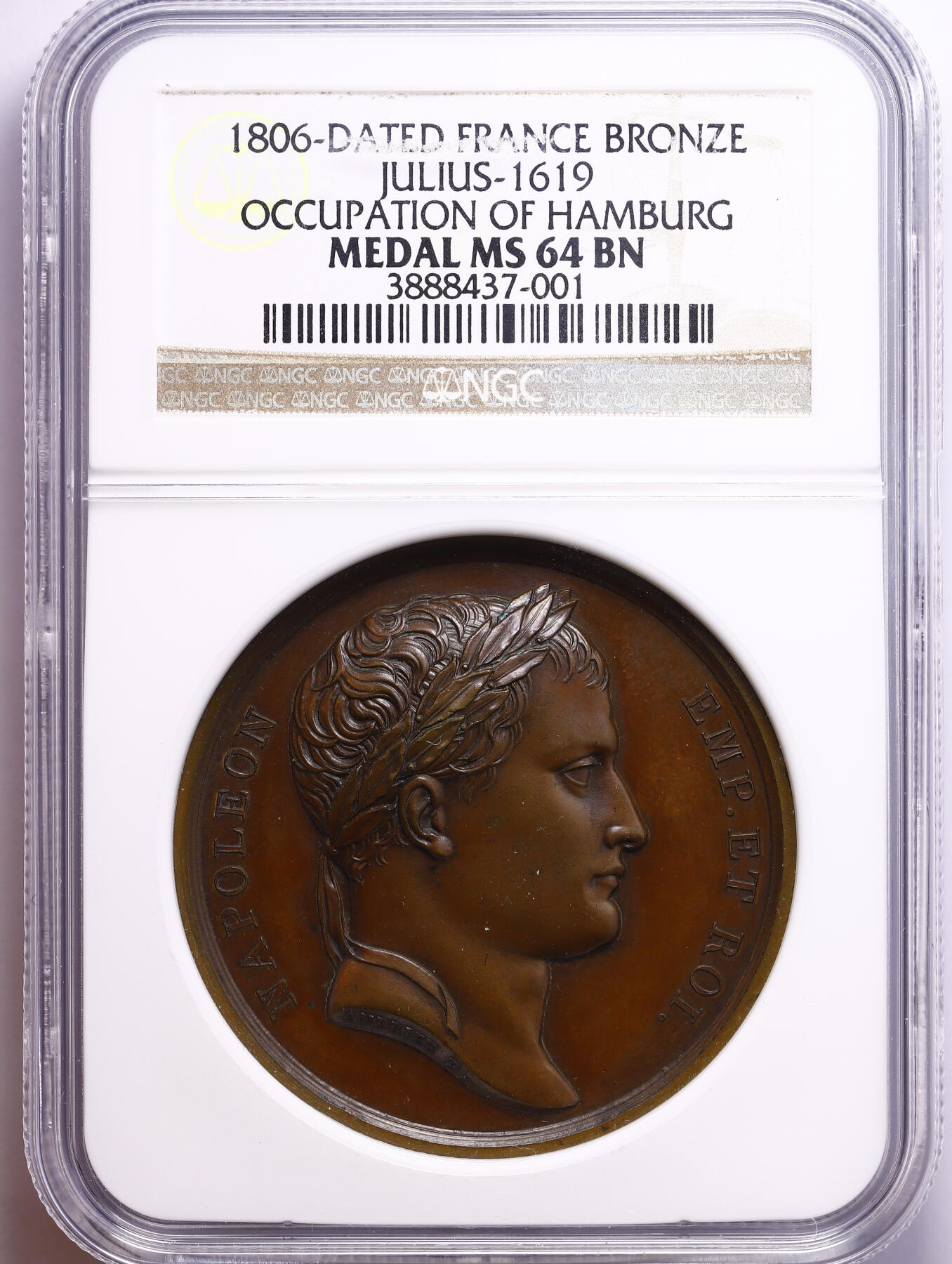 观钱 近现代机制币拍卖No.009（全场顺丰包邮，不区分偏远地区）  1806 年法国 拿破仑占领汉堡纪念铜章（Julius-1619） NGC MS64 BN（棕褐色包浆）