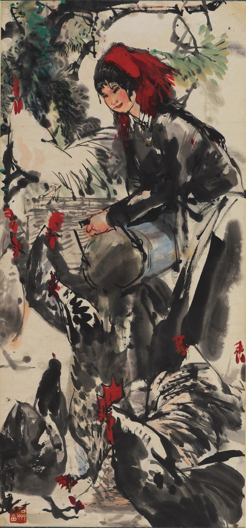 碧月说宝.当代书画专场一 石齐 饲鸡图