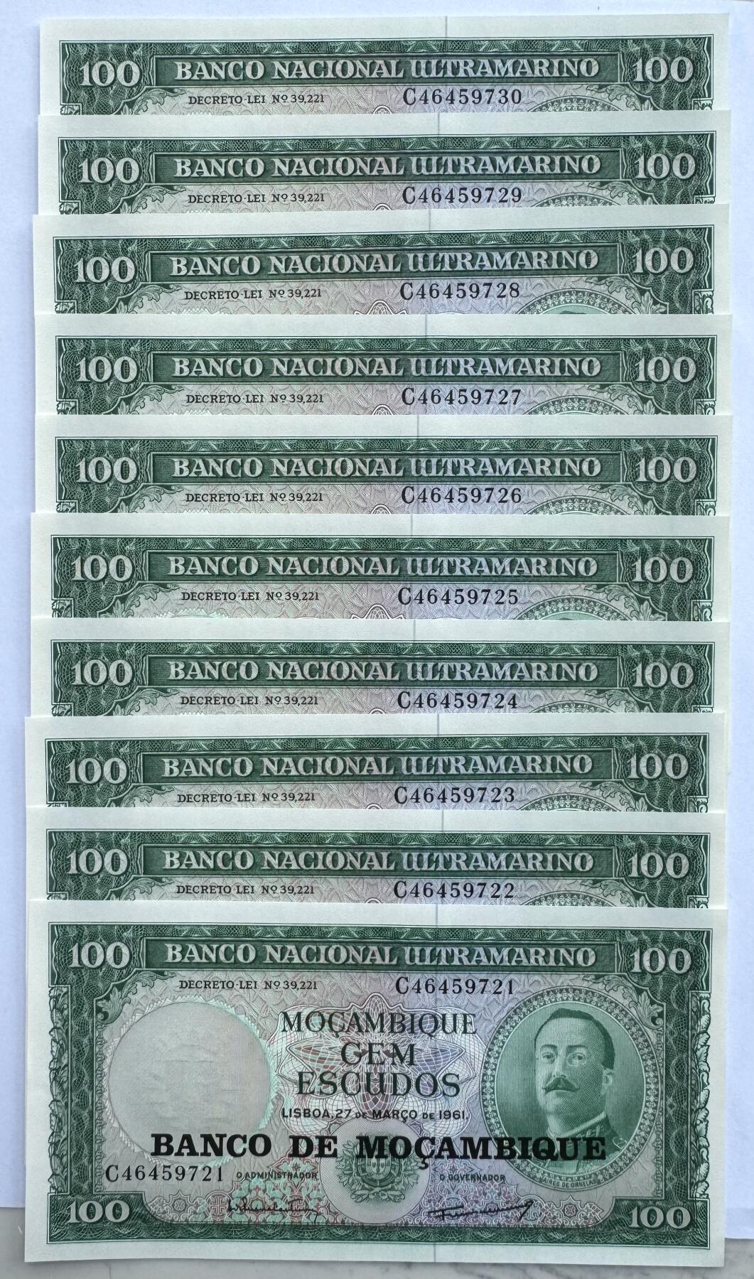 2026第7场（总第234期）：精品外钞、塑料钞、测试钞综合场  葡属莫桑比克1961年版100埃斯库多10连号一组UNC