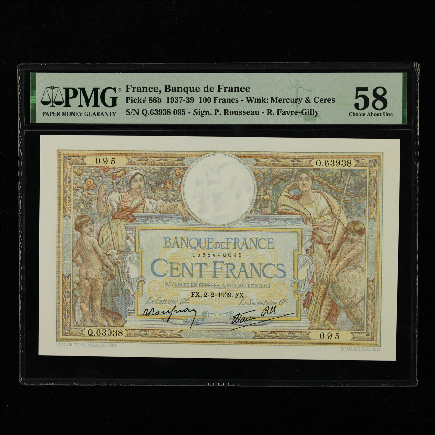 【亘邦集藏】第228期拍卖 1937-39年 法国100法郎 PMG 58 Q.63938 095