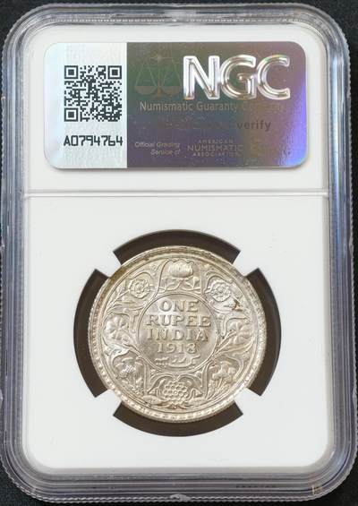 甄臻铺-世界币章拍卖（第60期），甄品场拍品征集中，送拍享返佣金等优惠多多 NGC-MS63 1918年英属印度乔治五世卢比，卷拆状态