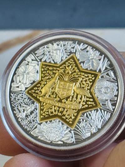 澳大利亚20澳元澳大利亚联邦国徽和女王金银双金属币，999银（11.32克）中间镶嵌999金（8.86克），直径32毫米，发行7350枚