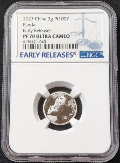 甄臻铺-世界币章拍卖（第60期），甄品场拍品征集中，送拍享返佣金等优惠多多 NGC-PF70UC 中国 2023年熊猫100元铂金币 NGC早期发行评级盒 纯度999足铂