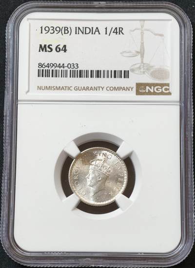 甄臻铺-世界币章拍卖（第60期），甄品场拍品征集中，送拍享返佣金等优惠多多 NGC-MS64 1939年乔治六世1/4卢比