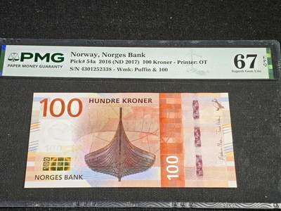 刘世昌艺术品销售中心～虎踞龙蟠*金杨在线联拍群第521期 挪威2016年100克朗（PMG 67E 号码：4301252338）1枚。