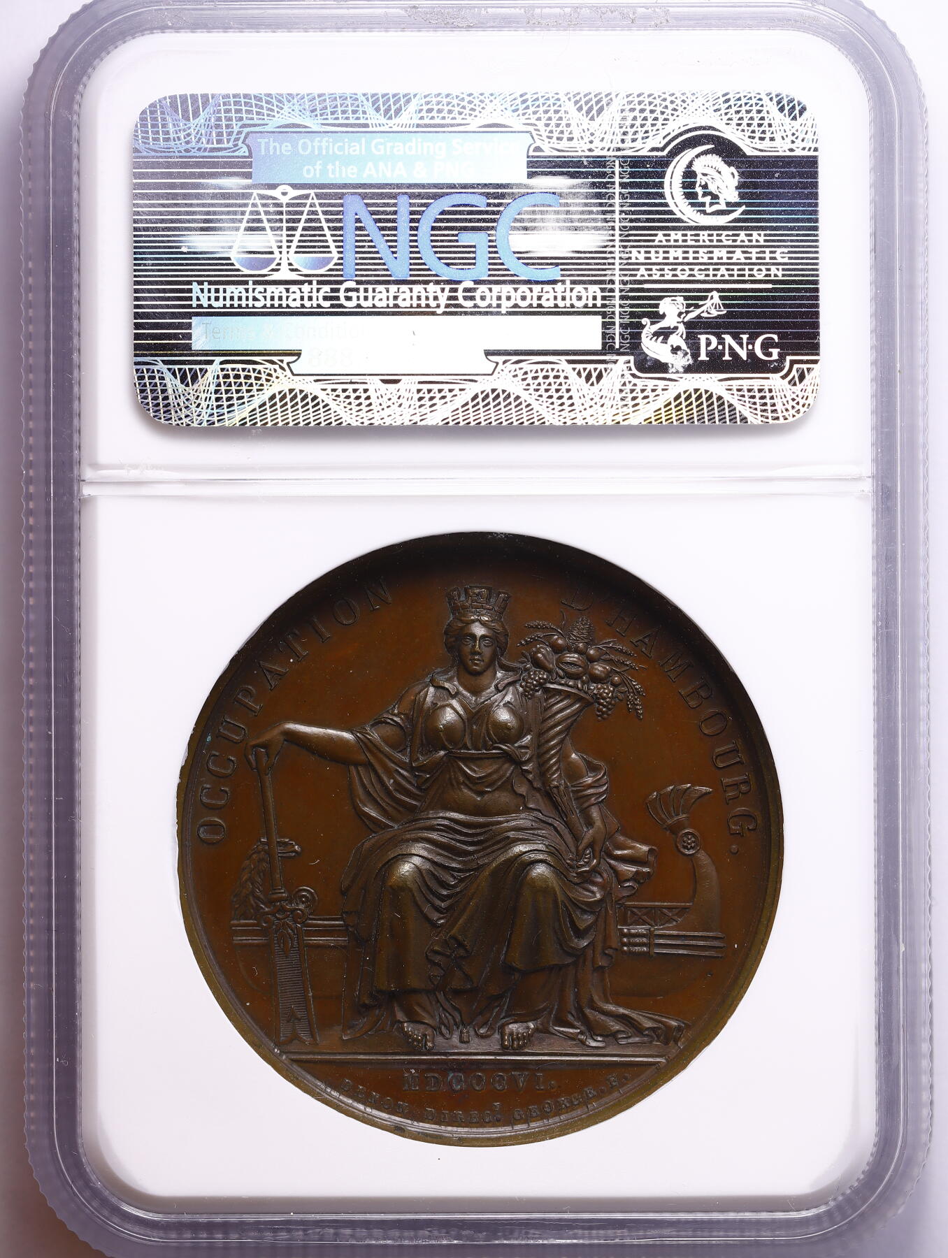 观钱 近现代机制币拍卖No.009（全场顺丰包邮，不区分偏远地区）  1806 年法国 拿破仑占领汉堡纪念铜章（Julius-1619） NGC MS64 BN（棕褐色包浆）