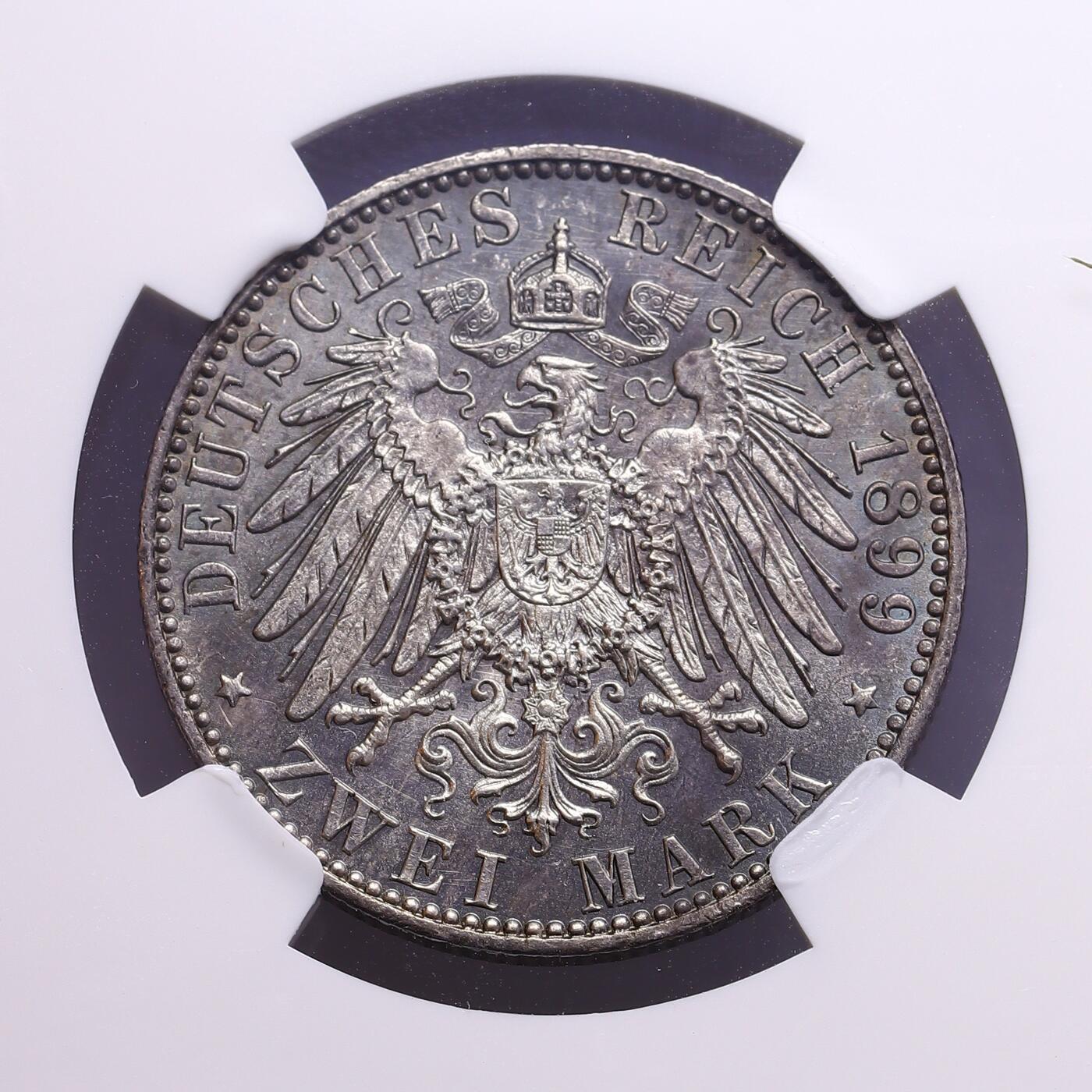 观钱 近现代机制币拍卖No.009（全场顺丰包邮，不区分偏远地区）  1899 年 A 厂 德意志第二帝国普鲁士王国 威廉二世 2 马克（2M）银币 NGC MS63