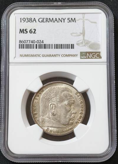 甄臻铺-世界币章拍卖（第60期），甄品场拍品征集中，送拍享返佣金等优惠多多 NGC-MS62 德国 1938年A厂 兴登堡带字5马克银币