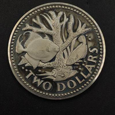 【淘币小摊】实时拍第八百九十二拍   散币场    每周一统一发货 - 巴巴多斯1973年2元珊瑚鱼精制镍币