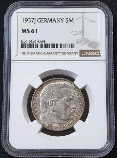 甄臻铺-世界币章拍卖（第60期），甄品场拍品征集中，送拍享返佣金等优惠多多 NGC-MS61 德国1937年J厂 兴登堡带字5马克银币 较少厂别