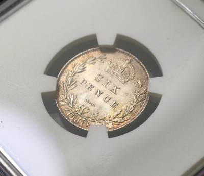 甄臻铺-世界币章拍卖（第60期），甄品场拍品征集中，送拍享返佣金等优惠多多 NGC-MS63 1901年披纱维多利亚6便士，淡紫色包浆，状态极佳