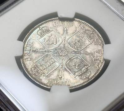 甄臻铺-世界币章拍卖（第60期），甄品场拍品征集中，送拍享返佣金等优惠多多 NGC-MS63 1887年高冠弗洛林2先令，酱彩很好看，背面幽蓝色，极美