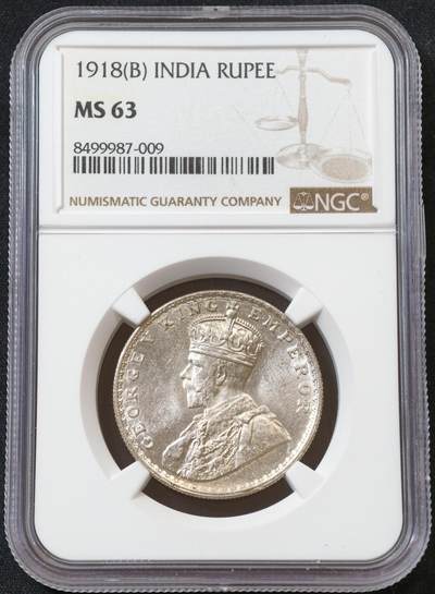 甄臻铺-世界币章拍卖（第60期），甄品场拍品征集中，送拍享返佣金等优惠多多 NGC-MS63 1918年英属印度乔治五世卢比，卷拆状态