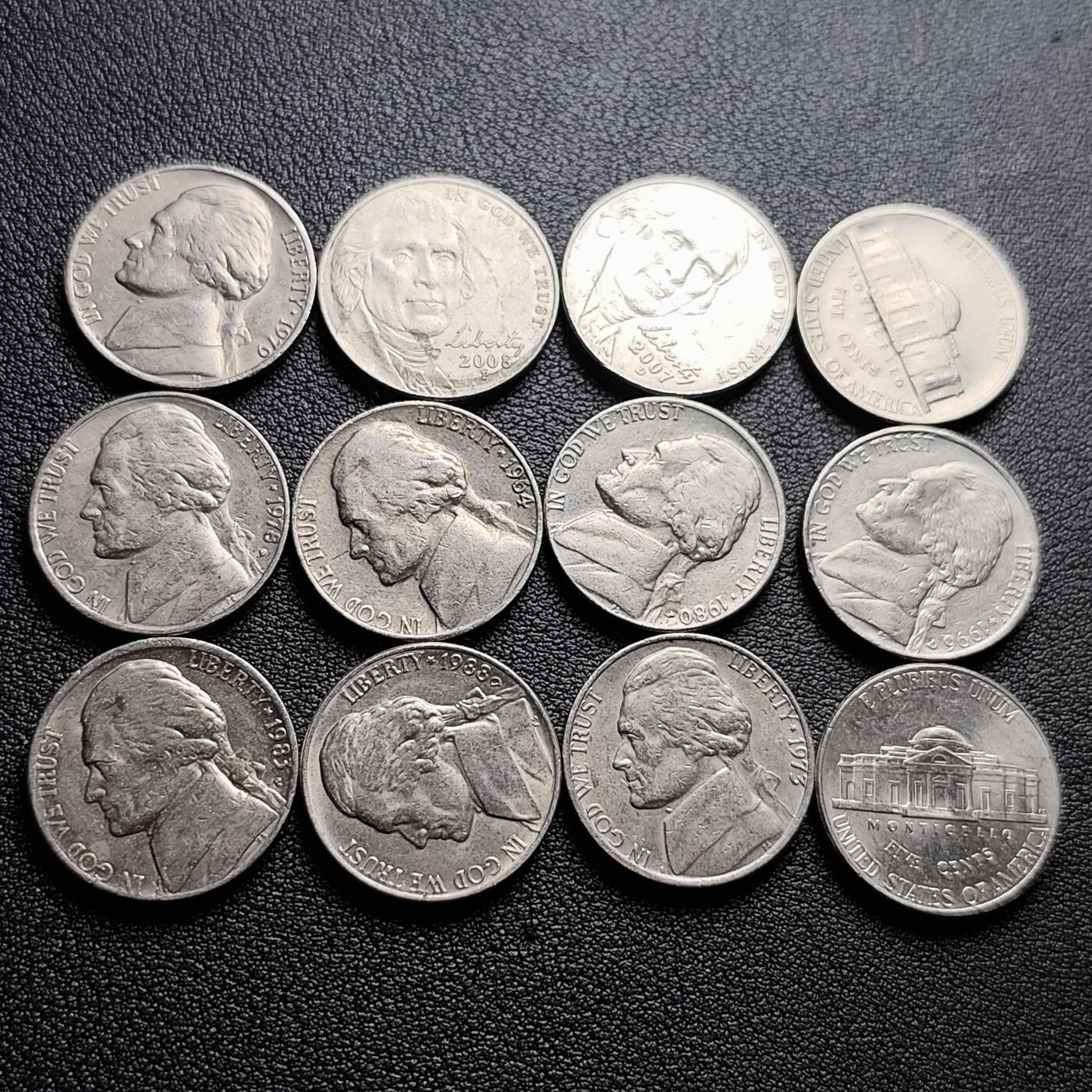 泉币菌-第227场-拍品多 请提前出价 12枚一组 美国杰斐逊纪念币 混合年份