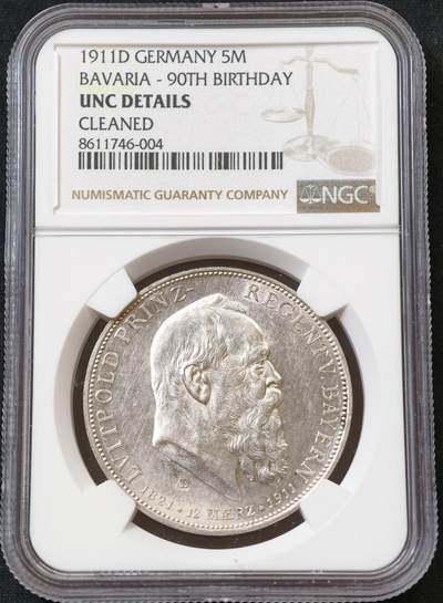 甄臻铺-世界币章拍卖（第60期），甄品场拍品征集中，送拍享返佣金等优惠多多 NGC-UNCD 1911年德国巴伐利亚摄政王利奥波德90大寿纪念5马克 银霜丝绸转光，低评