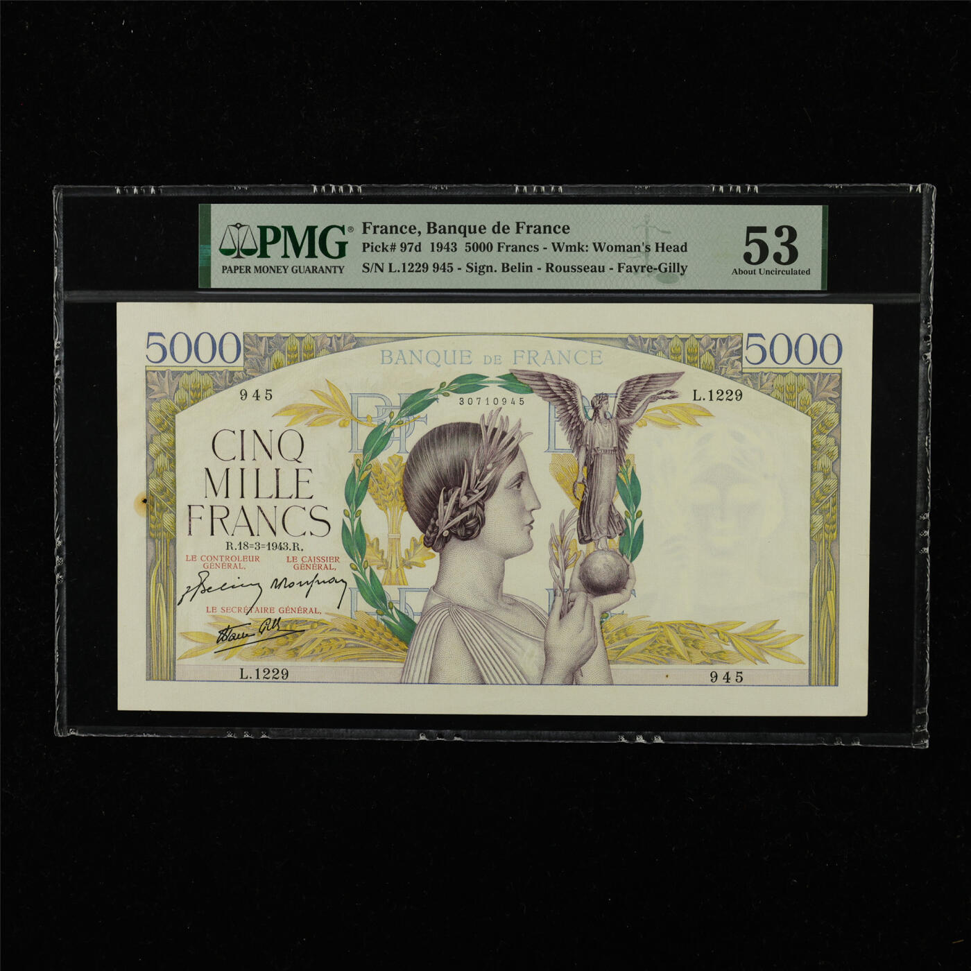 【亘邦集藏】第228期拍卖 1943年法国5000法郎 PMG 53 L1229945