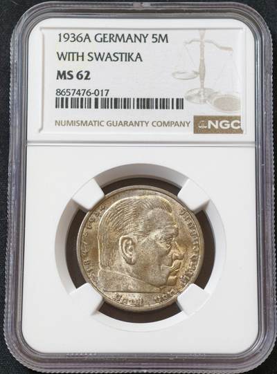 甄臻铺-世界币章拍卖（第60期），甄品场拍品征集中，送拍享返佣金等优惠多多 NGC-MS62 德国 1936年A厂 兴登堡带字5马克银币