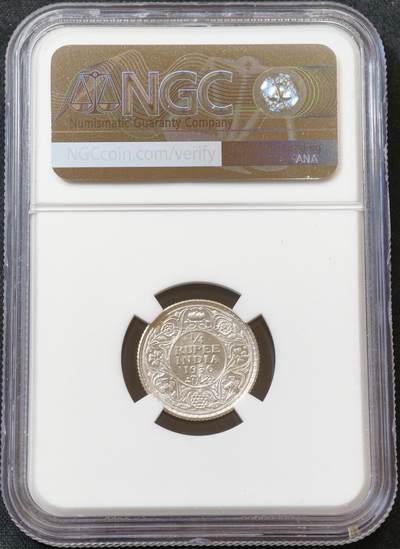 甄臻铺-世界币章拍卖（第60期），甄品场拍品征集中，送拍享返佣金等优惠多多 NGC-MS62 1936年乔治五世1/4卢比，卷拆状态
