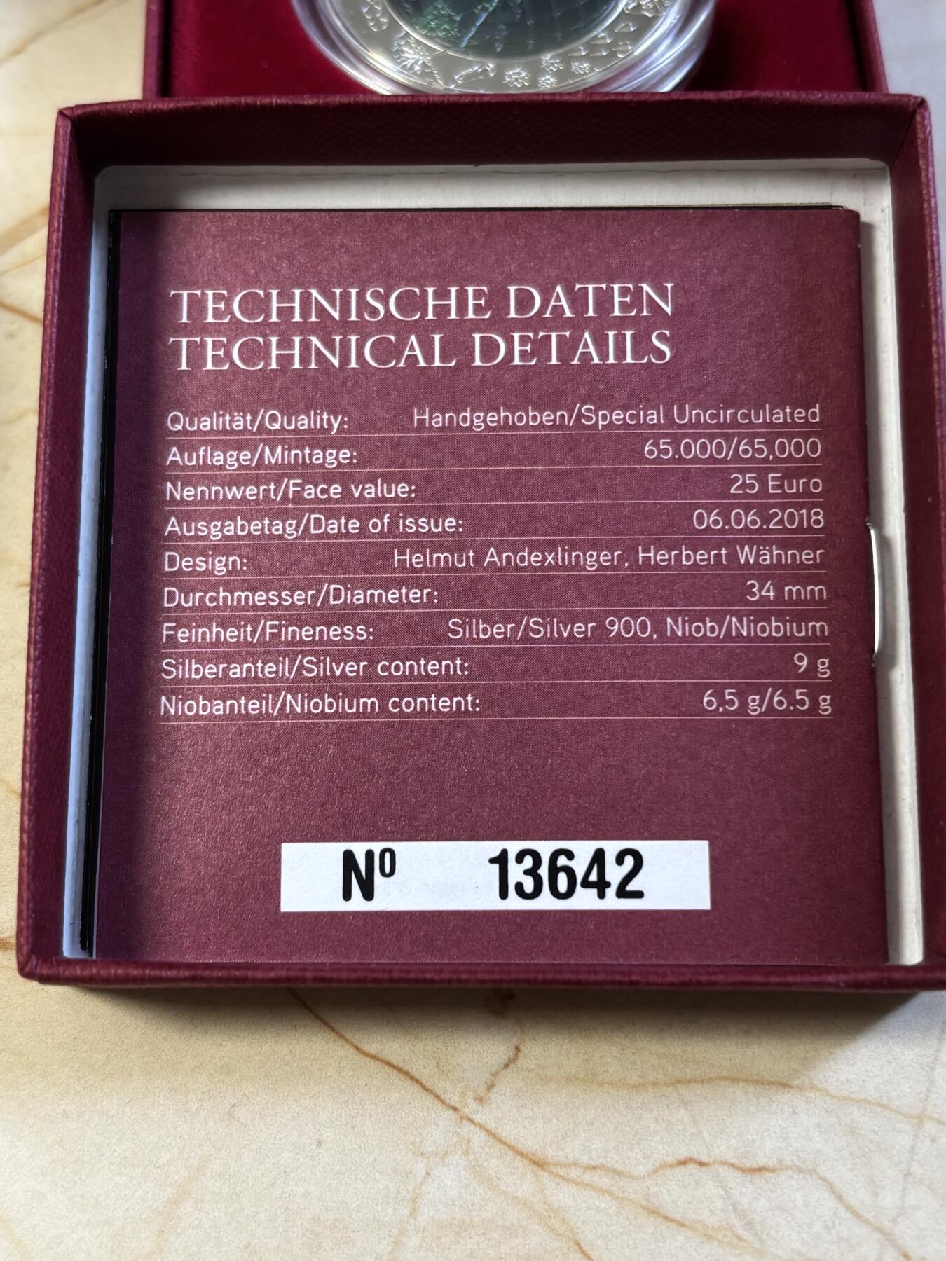 第197期拍卖 【获奖币】奥地利2018年人类世银铌双金属镶嵌纪念银币，面值:25欧元，金属:900银/998铌，重量:9克/6.5克，发行：65000枚，获2020年克劳斯年度最佳双金属币