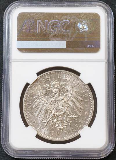 甄臻铺-世界币章拍卖（第60期），甄品场拍品征集中，送拍享返佣金等优惠多多 NGC-UNCD 1911年德国巴伐利亚摄政王利奥波德90大寿纪念5马克 银霜丝绸转光，低评