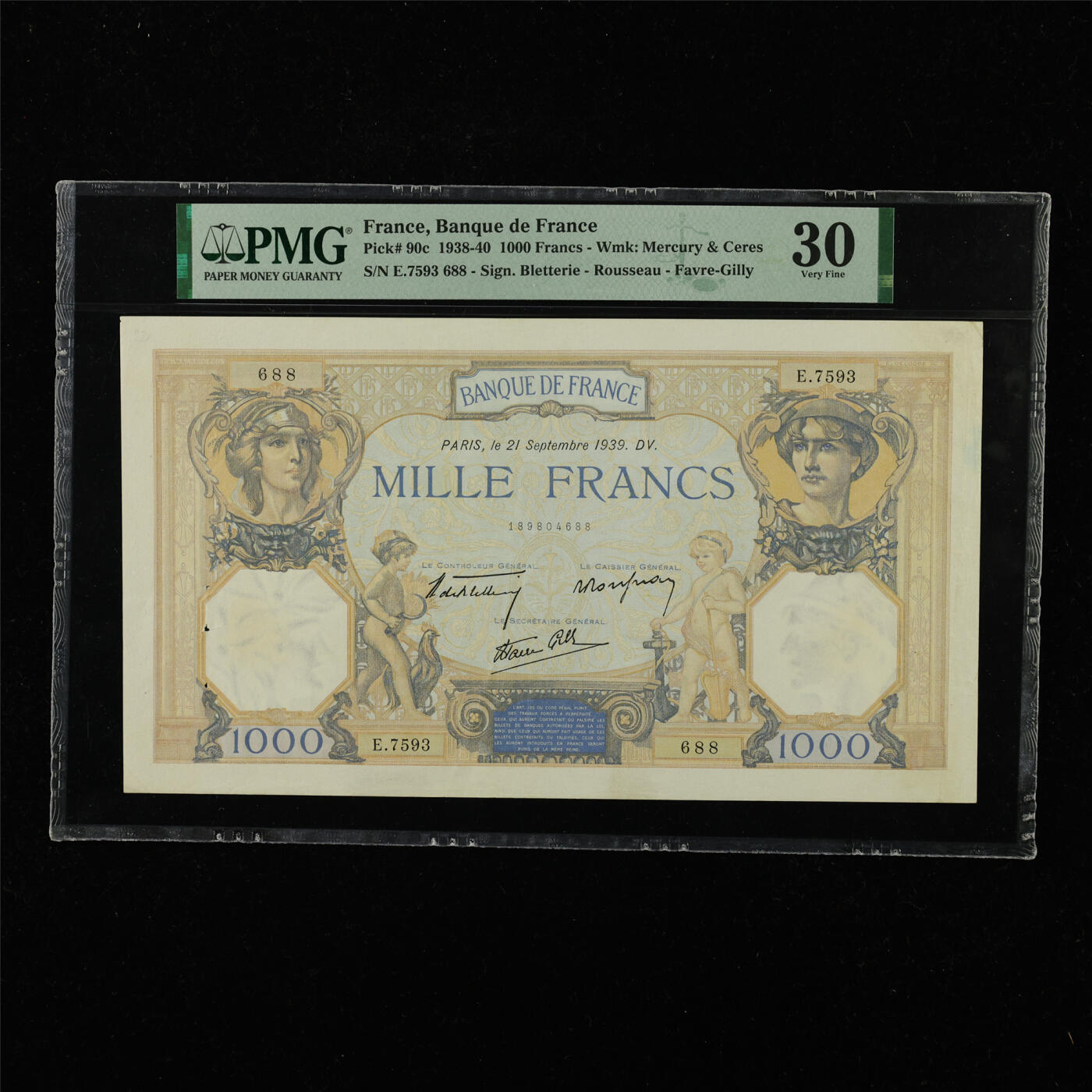 【亘邦集藏】第228期拍卖 1938-40年 法国1000法郎 PMG 30 E.7593 688