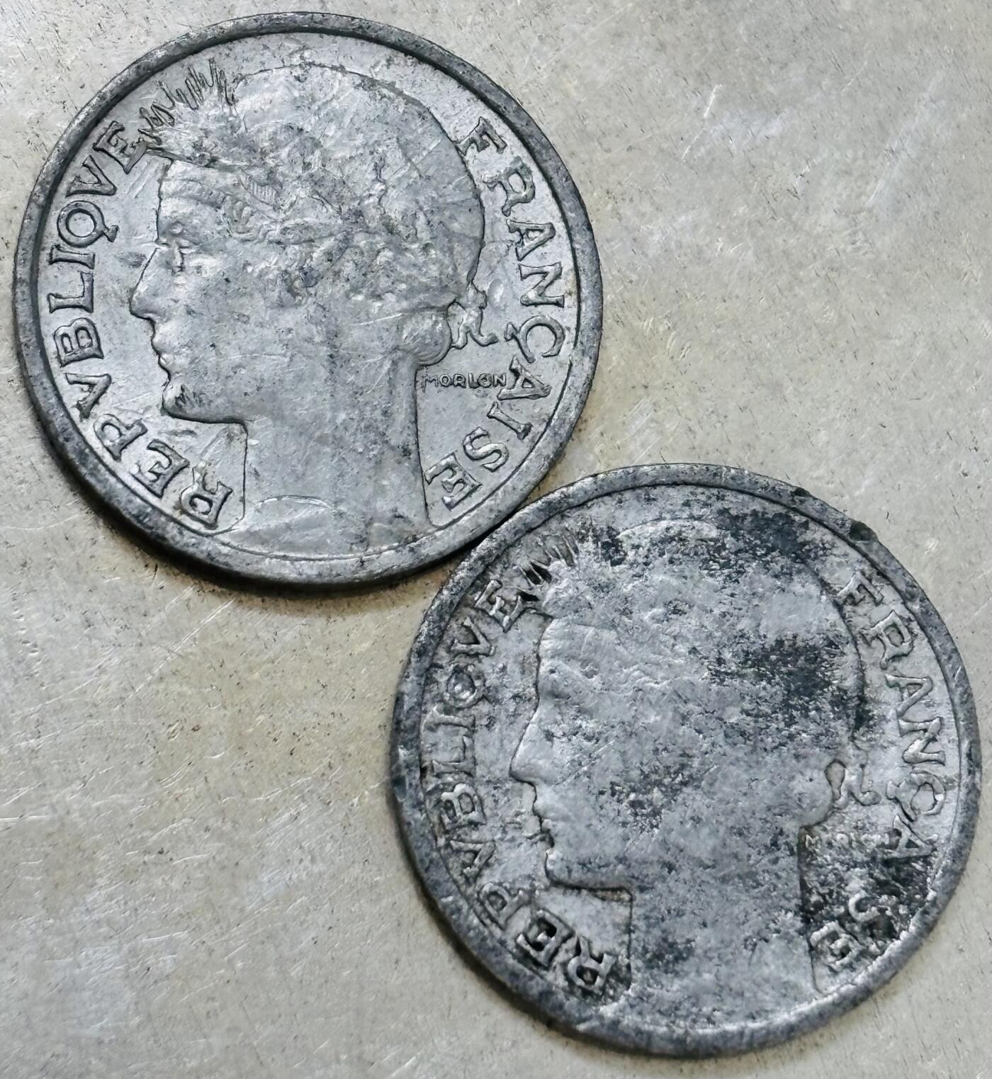 文馨钱币收藏第 300 场，银币，散币，小量德占比利时时期货币，长期接代拍业务 少见 1941-47 年法兰西第四共和国 50 分铝币，第一版首发年，第二版关门年 2 枚