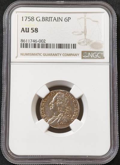 甄臻铺-世界币章拍卖（第60期），甄品场拍品征集中，送拍享返佣金等优惠多多 NGC-AU58 1758年英国乔治二世6便士银币 成本180镑 淡金色包浆 细节深打