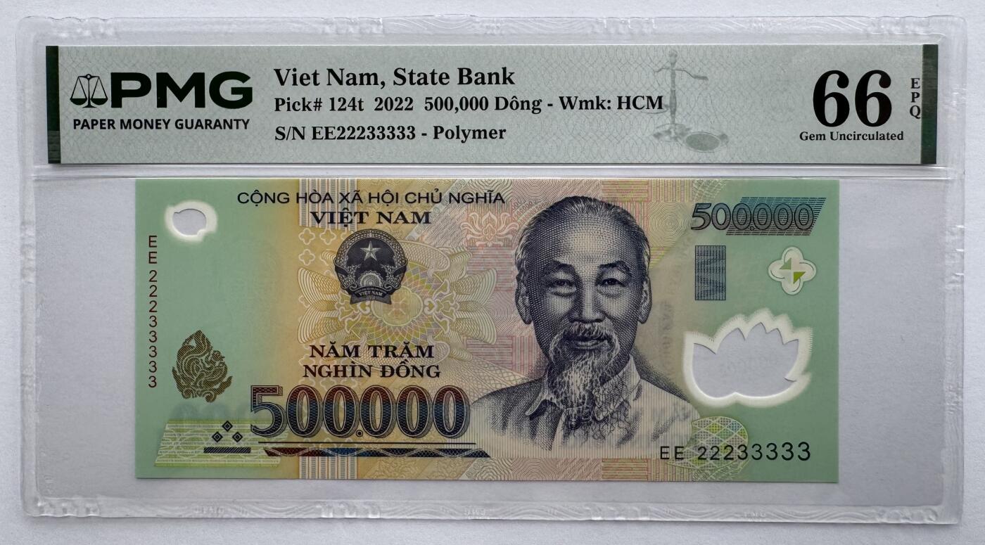 2026第7场（总第234期）：精品外钞、塑料钞、测试钞综合场  数二老虎号EE22233333 越南2022年版500000盾Guardian基材塑料钞（PMG66）