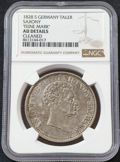 甄臻铺-世界币章拍卖（第60期），甄品场拍品征集中，送拍享返佣金等优惠多多 NGC-AUD 1828年德国萨克森安东尼一世费因马克泰勒银币 早期大尺寸泰勒 少见的摩尔人版本 比后期的少很多