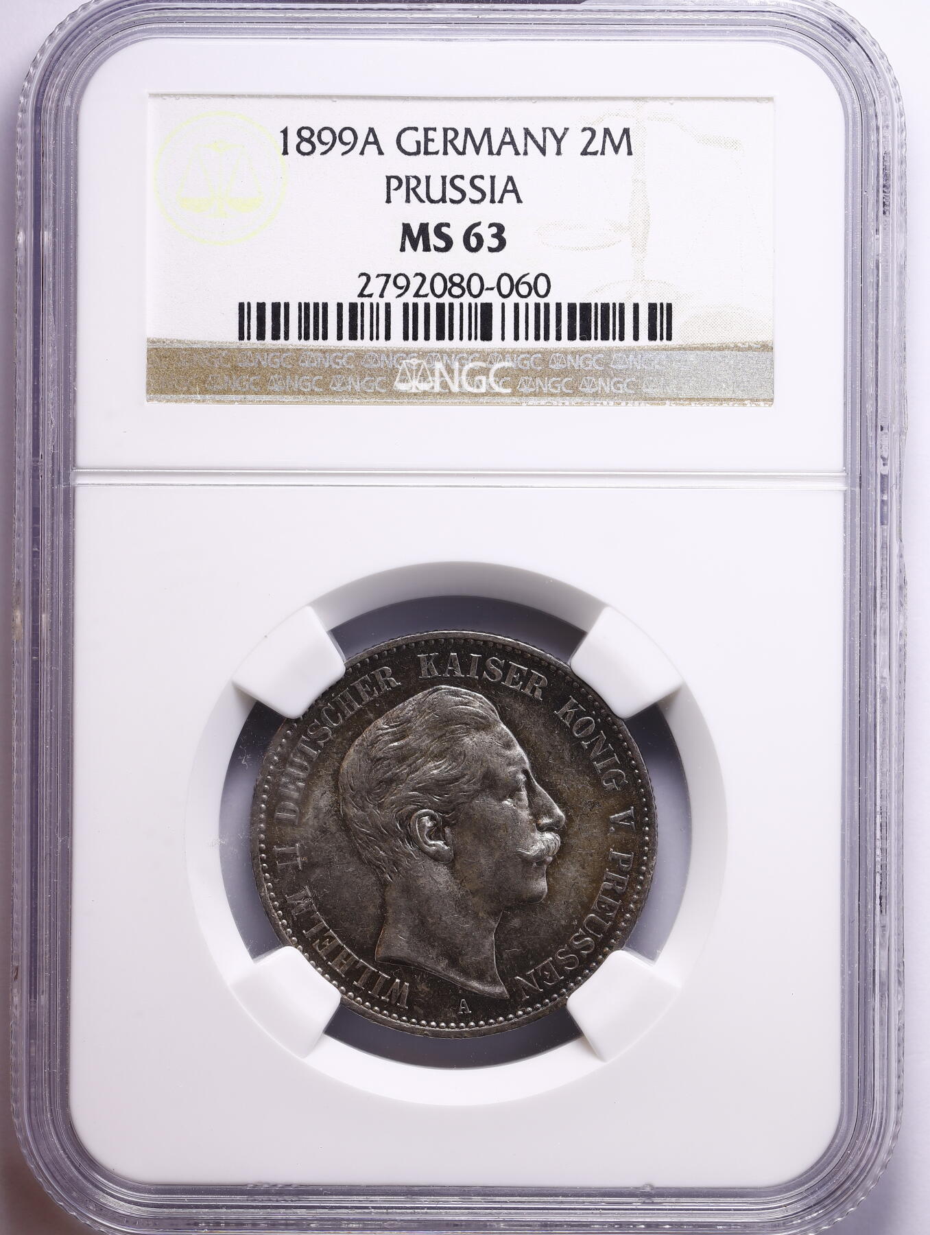 观钱 近现代机制币拍卖No.009（全场顺丰包邮，不区分偏远地区）  1899 年 A 厂 德意志第二帝国普鲁士王国 威廉二世 2 马克（2M）银币 NGC MS63