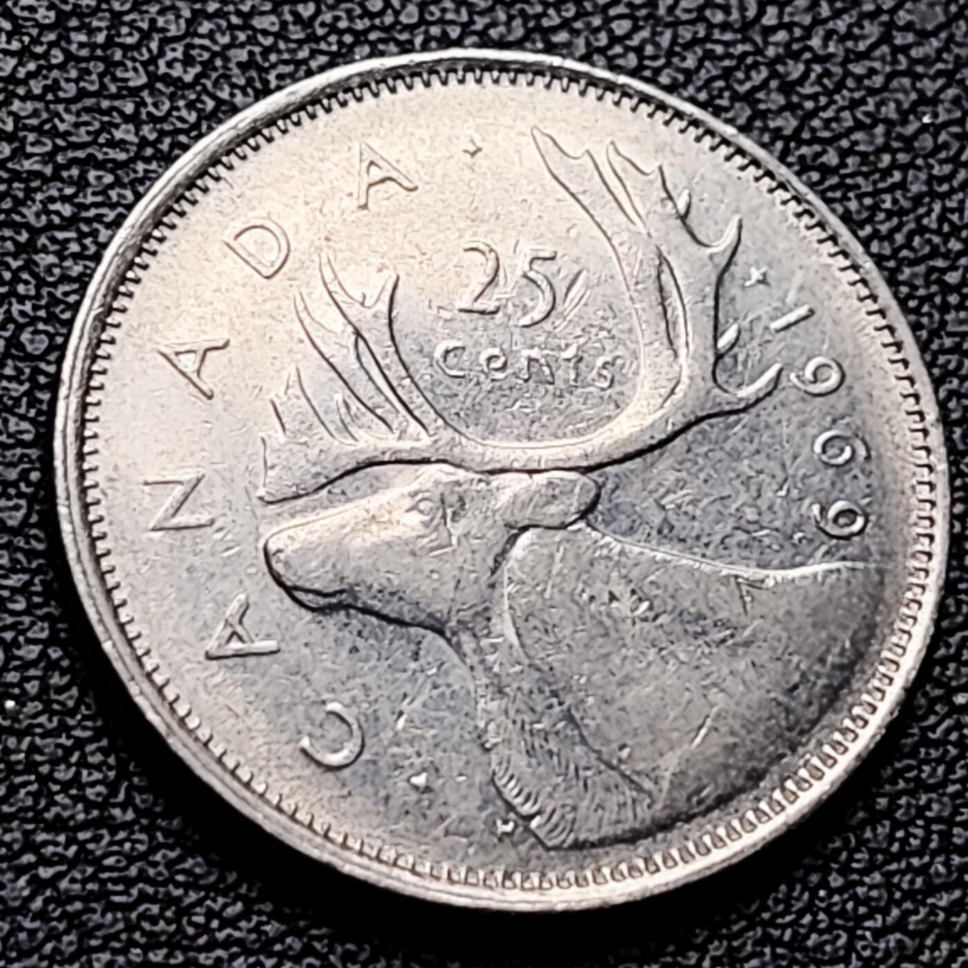 泉币菌-第227场-拍品多 请提前出价 高币值 加拿大1969年1/4加拿大元 伊丽莎白二世 驯鹿 24mm 