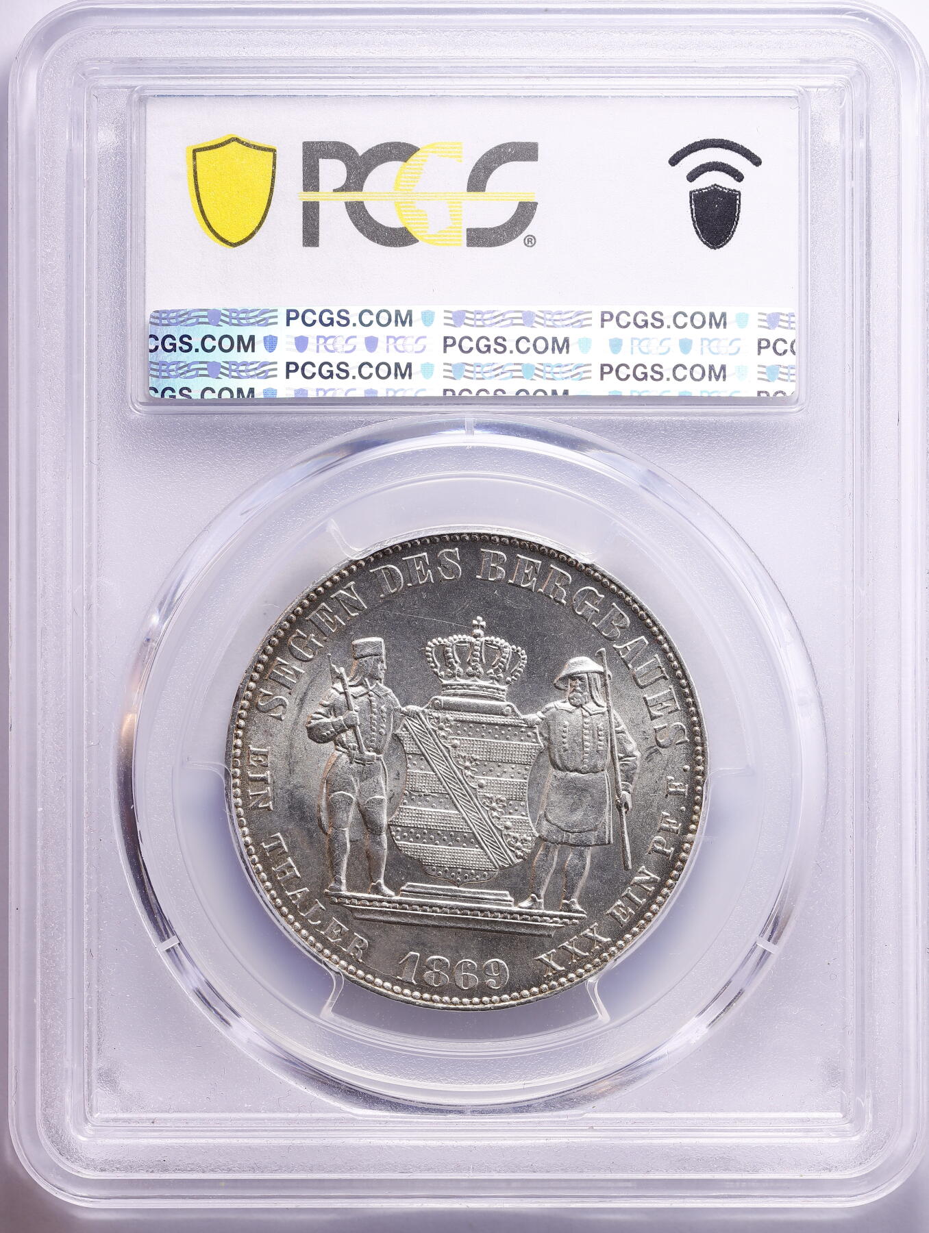 观钱 近现代机制币拍卖No.009（全场顺丰包邮，不区分偏远地区）  1869 年 B 厂 德意志邦联萨克森王国 约翰一世矿业泰勒（Mining Thaler）银币（KM-1223 / Dav-897） PCGS MS62