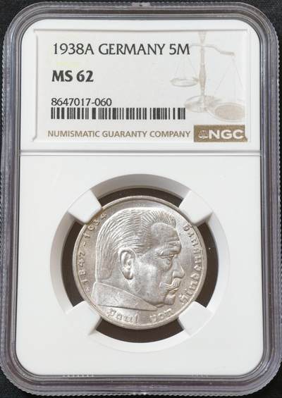 甄臻铺-世界币章拍卖（第60期），甄品场拍品征集中，送拍享返佣金等优惠多多 NGC-MS62 德国 1938年A厂 兴登堡带字5马克银币