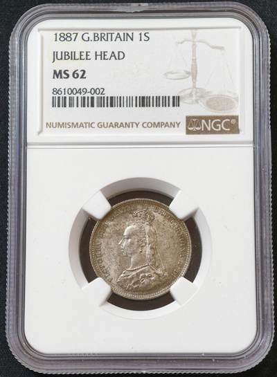 甄臻铺-世界币章拍卖（第60期），甄品场拍品征集中，送拍享返佣金等优惠多多 NGC-MS62 1887年英国1先令，酱彩，状态顶级