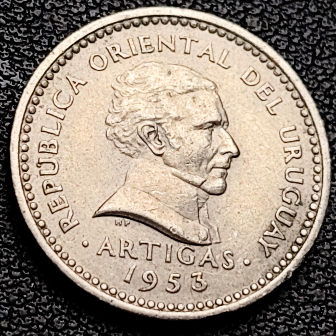 泉币菌-第227场-拍品多 请提前出价 乌拉圭1953年5分 民族英雄阿蒂加斯 发行一年 铜镍币硬币 