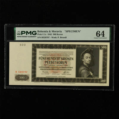 【亘邦集藏】第229期拍卖 1942年 波西米亚和摩拉维亚样钞500克朗 PMG 64 H529797