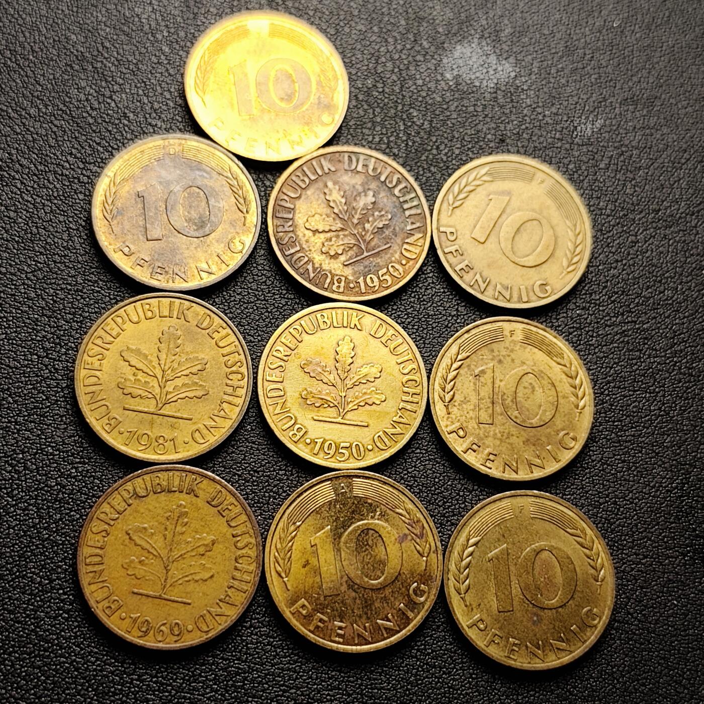 泉币菌-第227场-拍品多 请提前出价 10枚一组 联邦德国 多面值芬尼硬币橡树 麦穗 银行版。混合年份