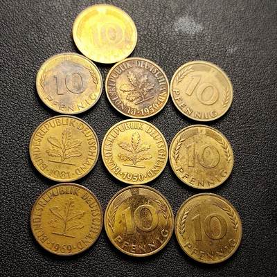 泉币菌-第227场-拍品多 请提前出价 - 10枚一组 联邦德国 多面值芬尼硬币橡树 麦穗 银行版。混合年份