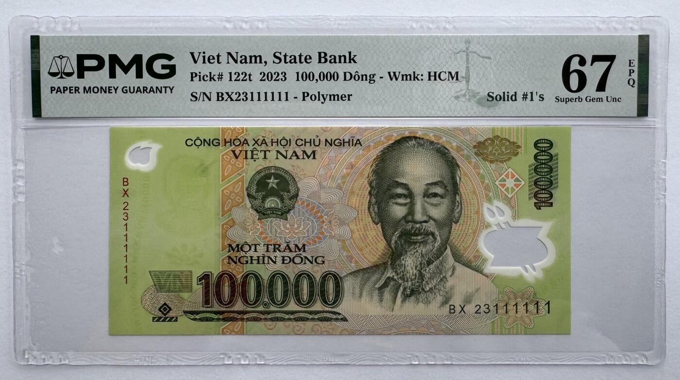 2026第7场（总第234期）：精品外钞、塑料钞、测试钞综合场  全同号111111 越南2023年版100000盾Guardian基材塑料钞（PMG67）