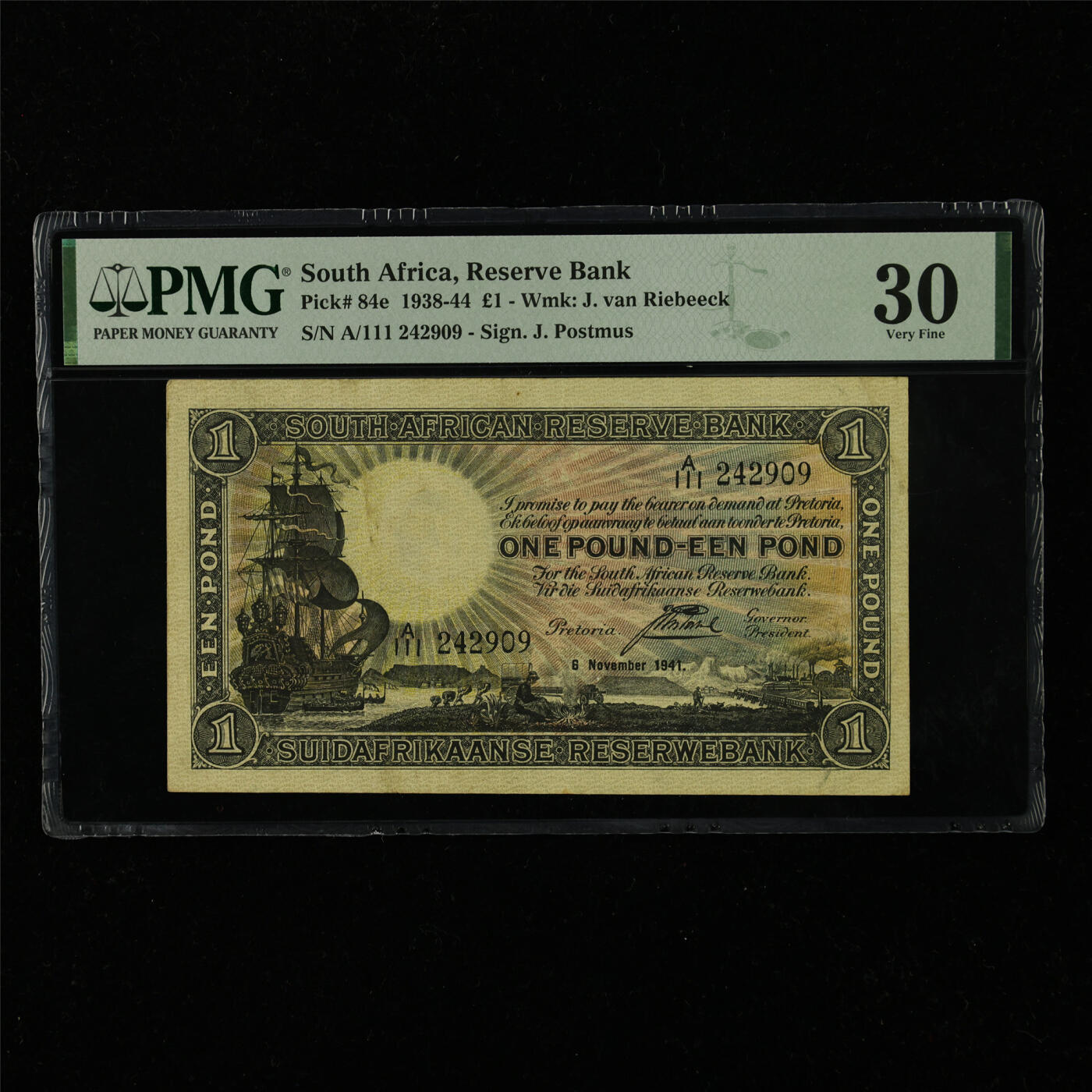 【亘邦集藏】第228期拍卖 1938-44年 南非1镑 PMG 30 A/111 242909